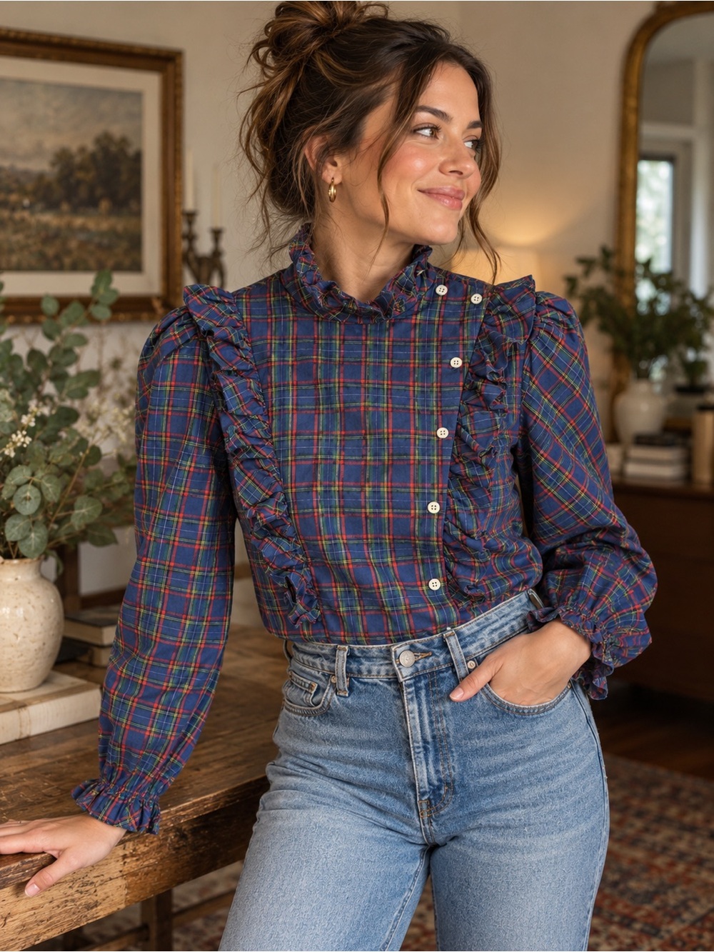Vintage Plaid Ruffle Blouse Victorian Prairie Cottagecore Puff Sleeve Top